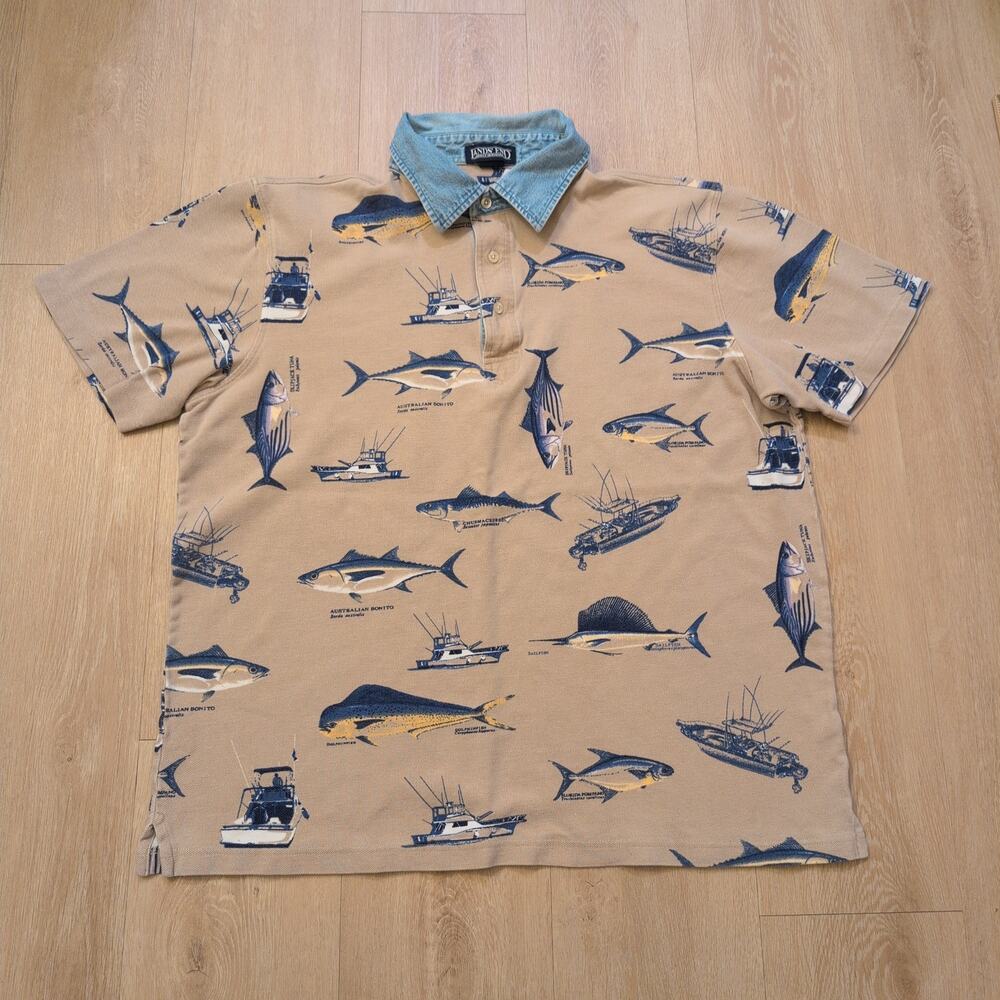 VTG Land's End Men's XL Polo Shirt Fish Boat Denim‎ Collar Textured Ocean Sea